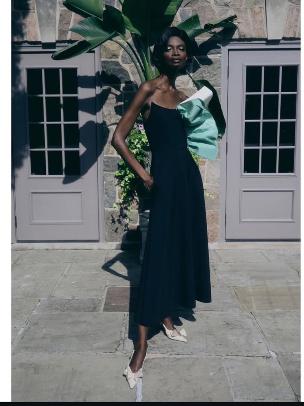 Greta Constantine Resort 2025 Siza Black Midi Dress with Mint Ruffle Accent